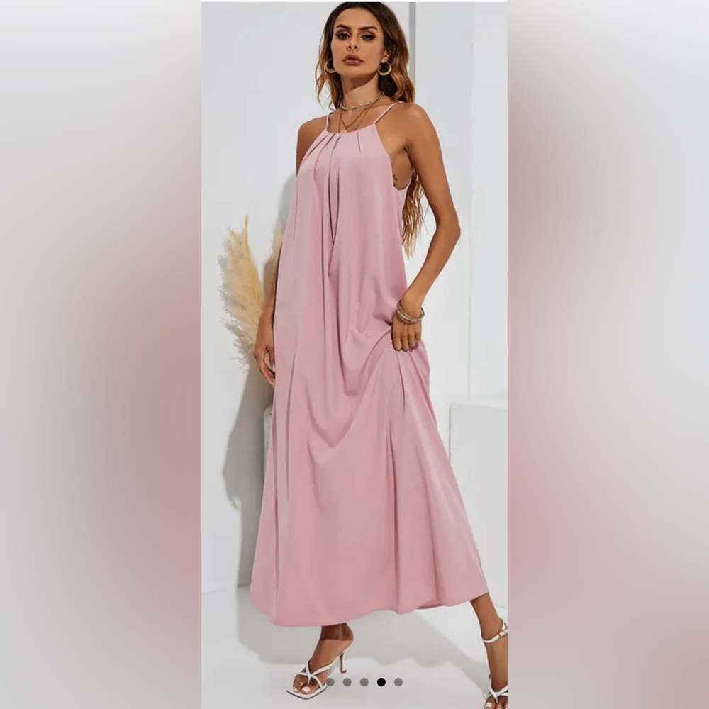 🛍️ Cold Shoulder Strappy Maxi Dress Pink, size L, 100% polyester, lightweight - Picture 1 of 6